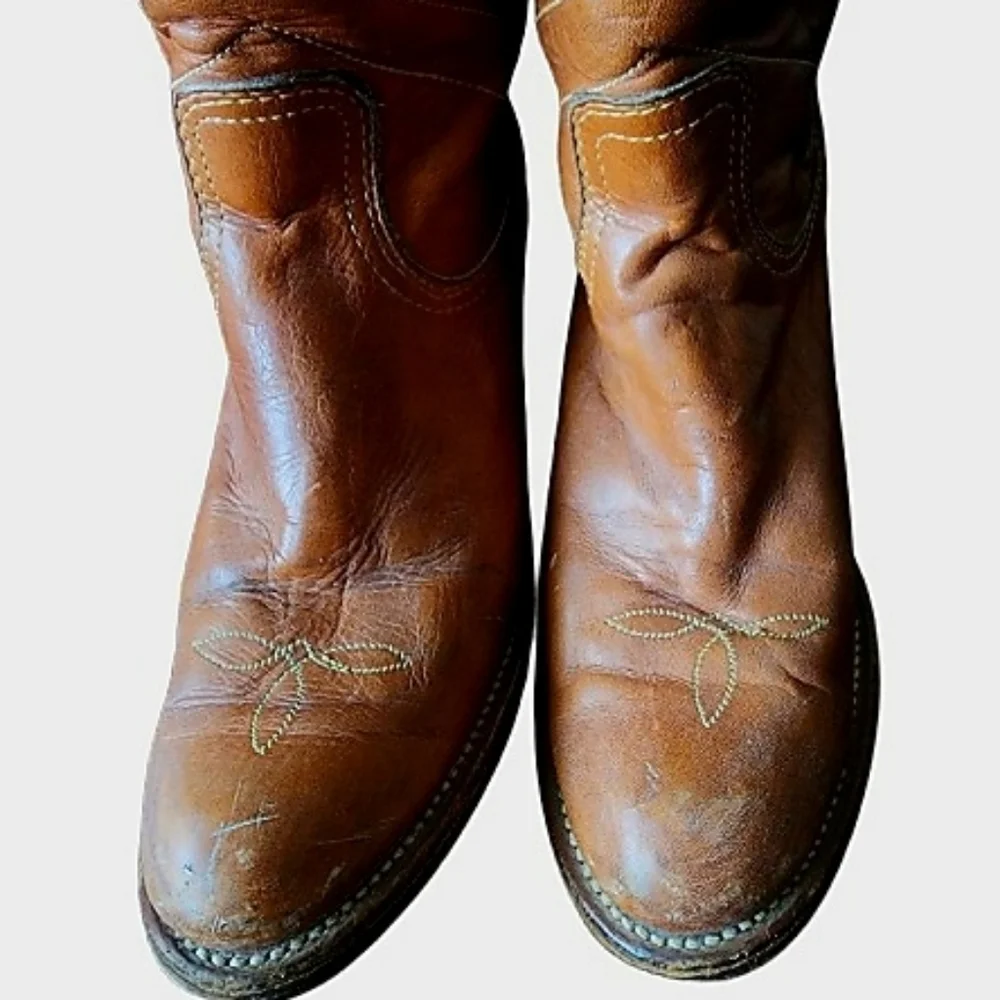 Frye Brown Knee High Leather Heeled Boots 7B - Picture 3 of 10